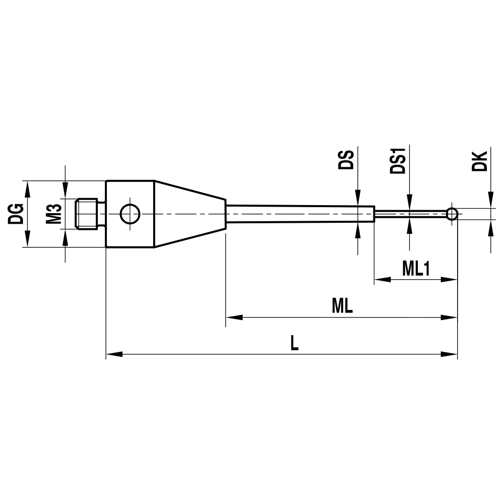 Drawing of product M3 Straight Stylus for ZEISS XXT; DK 0.6 mm; L 17.0 mm