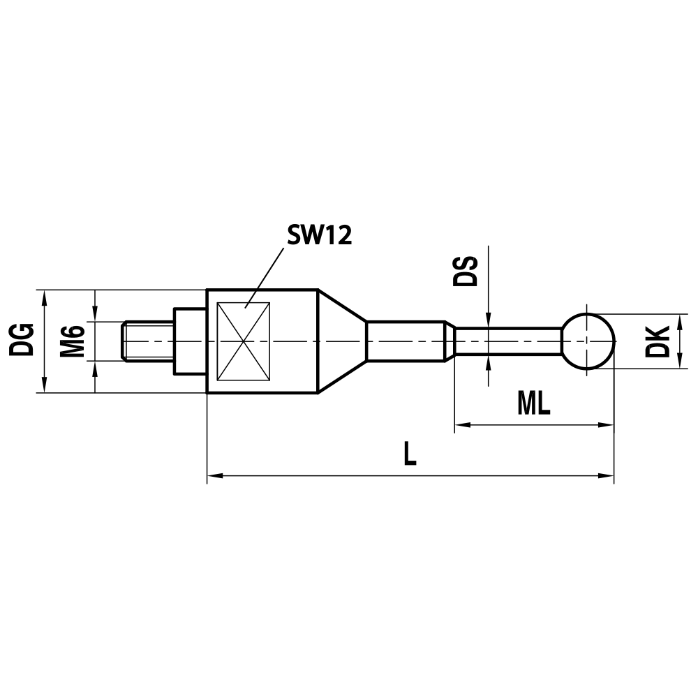 Drawing of product M6 Straight Stylus; DK 12.0 mm; L 59.0 mm